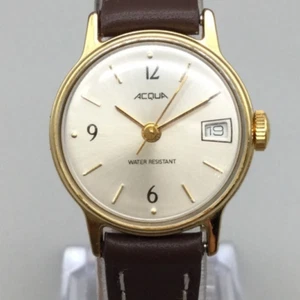 Vintage Timex Acqua Watch Women 25mm Gold Tone Date Leather Band Manual Wind - Picture 1 of 16