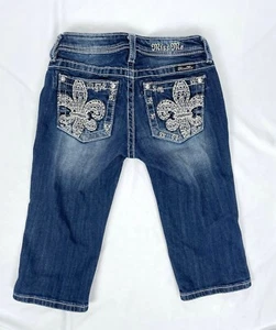 Miss Me Girl Size 14 Capris Jeans Denim Rhinestone Fleur de Lis Bling - Picture 1 of 5