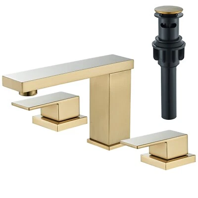 Brushed Gold Bathroom Sink Faucet Widespread 2Handle 3Hole Vanity Mixer w/Drain - Image 1 of 4
