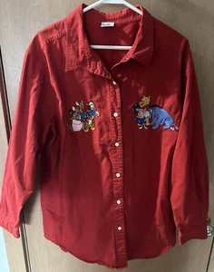 Vintage Disney Store Winnie The Pooh Shirt Women Red Collar Button Long Sleeves - Picture 1 of 10