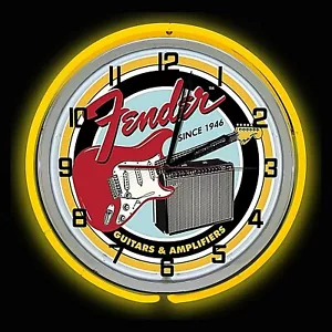 AMPLIFICATORE CHITARRA FENDER 19" Giallo Doppio Neon Orologio Uomo Caverna Garage Bar Music Band - Foto 1 di 2