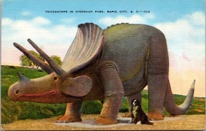 Rapid City South Dakota Dinosaur Park Triceratops Burmese Mountain Dog Postcard - Picture 1 of 2