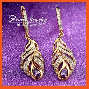 18K GOLD GF PURPLE AMETHYST VINTAGE Crystal FEATHER WING FILIGREE HOOP EARRINGS - Bild 1 von 6