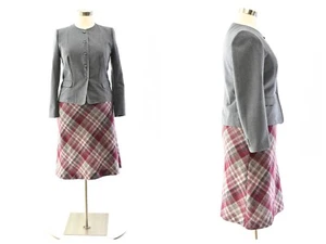 80s Womens L Skirt Suit Levis + Jantzen Gray Collarless Blazer Plaid Skirt - Picture 1 of 6