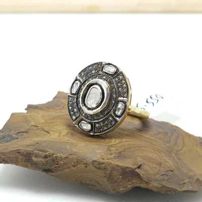 Uncut Polki Diamond Engagement Ring 925 Sterling Silver Gold Plated Ring - Image 1 of 4