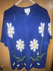 Vintage Quacker Factory Blue Floral Daisy Button Up Cardigan Sweater Sz 1X - Picture 1 of 8