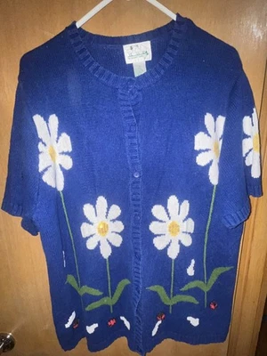 Vintage Quacker Factory Blue Floral Daisy Button Up Cardigan Sweater Sz 1X - Image 1 of 4
