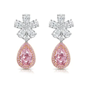 2ct Each Pink Pear & 5ct White Pear Lab Grown Diamond 18kt Gold Drop Earrings - Picture 1 of 7