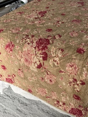 Pottery Barn King Linen & Cotton Camel/Pinks Cabbage Rose & Reversible Stripe - Image 1 of 4