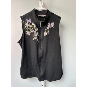Quacker Factory Black Sleeveless Vest Floral Butterfly Embroidered 1X Vintage - Picture 1 of 5