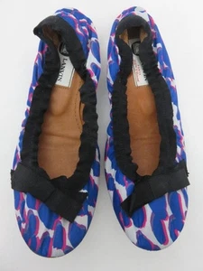 Darling LANVIN Blue&Hot Pink Abstract on White Satin BALLET FLATS Black Bow 36 - Picture 1 of 6
