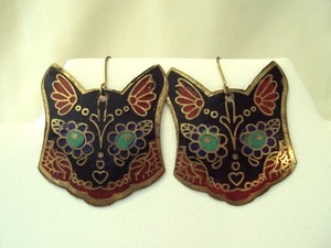 PENDIENTES PERFORADOS CABEZA DE GATO CLOISONNE COBRE VINTAGE #VA - Imagen 1 de 3