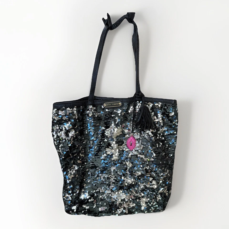 BETSEY JOHNSON Black Sequin Large Shoulder Tote Bag Metal Lip Cheetah Lining - Image 1 of 4