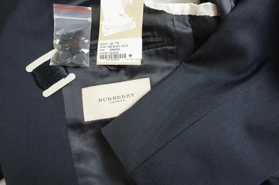 Burberry London Navy Blue Herringbone Wool 2 Pc Suit Jacket Pants 36R BRAND NEW - Image 1 of 4