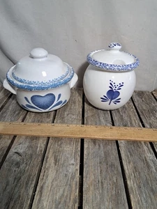 Vintage Keramik Deckel Kasserolle & Zuckerdose 1980 blaue Herzen #4728L467 - Bild 1 von 8