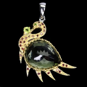 925 Sterling Silver Pendant Pear Amethyst 31.4ct Handmade Gemstone Swan Jewelry - Picture 1 of 14
