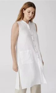 Eileen Fisher XXS V-neck Long Button Front Top Organic Linen Handkerchief White - Picture 1 of 9