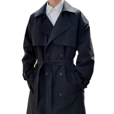 Mens Long Jacket Trench Coat Double-breasted Button Up Outwear Overcoats Belt - Image 1 of 4