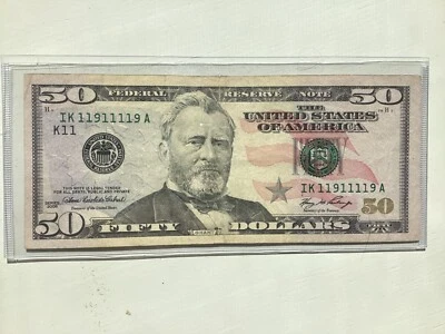 Unique Binary FANCY SERIAL NUMBER 2006 $50 Fifty Dollar Bill / Note  ik11911119A - Image 1 of 3