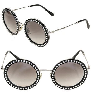 MIU MIU DELICE 59U Black Silver Crystal Stud Retro Round Metal Sunglasses MU59US - Picture 1 of 8