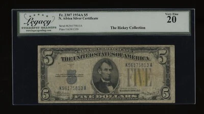 DBR 1934-A $5 North Africa Silver Fr. 2307 Legacy VF-20 Serial K56175813A - Image 1 of 2