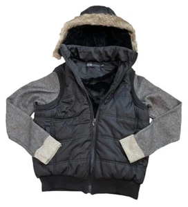 John Eshaya By Jet Jacket Hooded Quilted Faux Fur Lined Black Grey Sz Large EUC - Picture 1 of 9