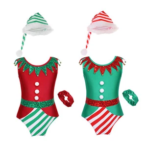 Kids Girls Christmas Gathering Bodysuit Hat Elf Costume Sleeveless Outfits Set - Picture 1 of 35