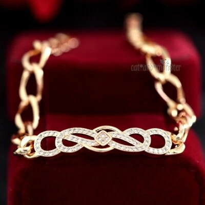 9K ROSE GOLD GF LOVE KNOT SIMULANT DIAMOND ID BAR CURB CHAIN GIFT BRACELET 20CM Foto 1 de 4