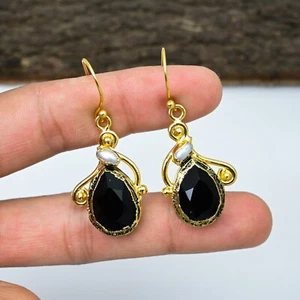 Black Spinel ,Pearl 18k Gold Plated 925 Silver Electroforming Earring Women Gift - Picture 1 of 4