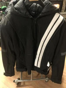 Textile VA VA Vroom Woman's Jacket Small with hood, Black w/Double Racing Stripe - Picture 1 of 5