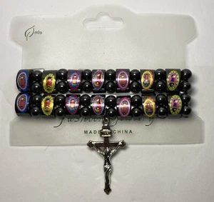 2 Stck. Jungfrau Maria Bettelarmband schwarze Steine/Stretchband mit hängendem Kreuz Posten 2 - Bild 1 von 5