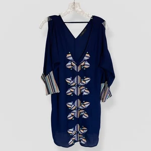 THML Gr. XS Marine Geometrisch Bestickt Schulterfrei Bluse Tunika Freizeit Boho - Bild 1 von 10