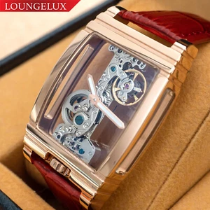 Mechanische Herrenuhr mit Handaufzug - Roségold Silber Brücke rotes Leder Faltbar - Bild 1 von 12