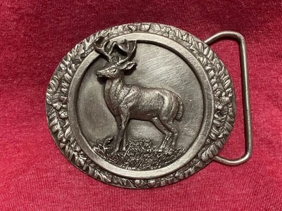 Vintage 1985 Bergamot Brass Works USA Silver Whitetail Deer Belt Buckle  - Image 1 of 4