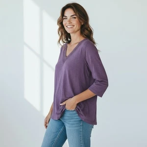 J. Jill Women Medium Purple 3/4 Sleeves Lace Trim V-Neck Top Cotton Modal Casual - Picture 1 of 9