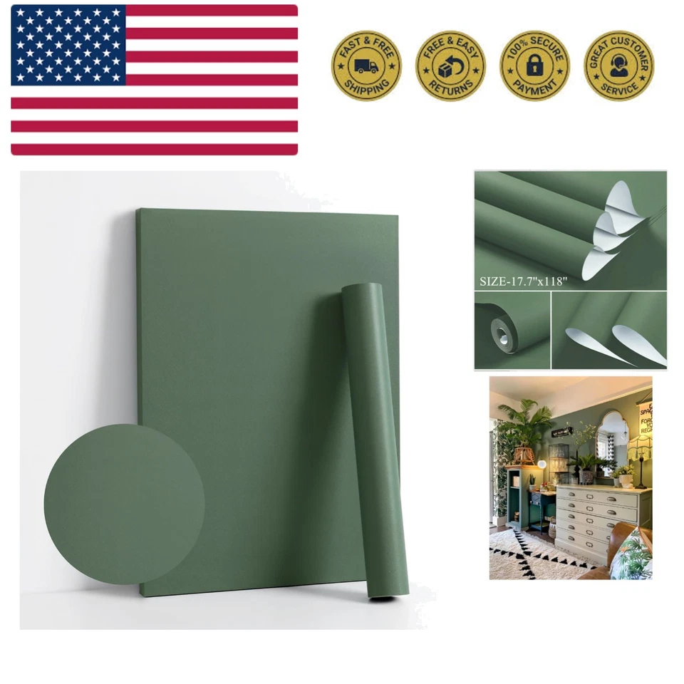 118''x17.7'' Green Peel and Stick Wallpaper Contact 17.7''x118'' Dark Green