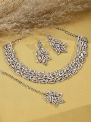 印度宝莱坞镀银珠宝水钻项链项链耳环提卡 — 第 1/3 张图片