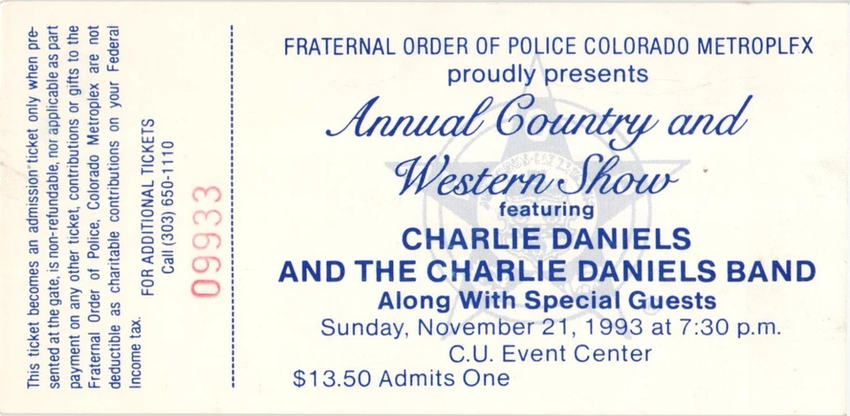 Винтажный 1993 Charlie Daniels группы полный полный полный концерт билет заглушка валун CO - Изображение 1 из 1
