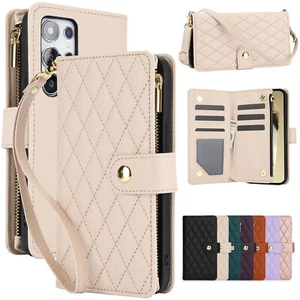 Zipper Grid Leather Wallet Phone Case For Samsung S25 S24 S23 S22 S21 S20 S10 S9 - Picture 1 of 19