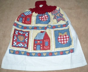 1 Crochet Top Hanging Kitchen Towel Americana Houses Stars, Single burgundy yarn - Picture 1 of 1