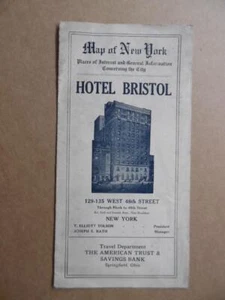 1925 New York City Manhattan Folding Map Hotel Bristol Advertising Vintage NYC  - Picture 1 of 9