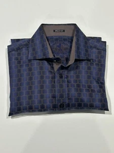 Camicia elegante uomo Bughatchi vestibilità classica con bottoni blu geometrica quadrata media - Foto 1 di 10