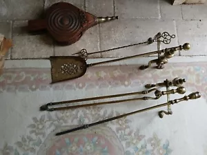 ANTIQUE BRASS BALL FIRESIDE COMPANION SET, TOASTING FORK, FIRE DOGs & BELLOWS - Picture 1 of 24