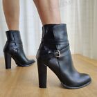 Women Ankle Boots Faux Leather Pull On Chunky High Heels Boots Ladies Shoes Woma