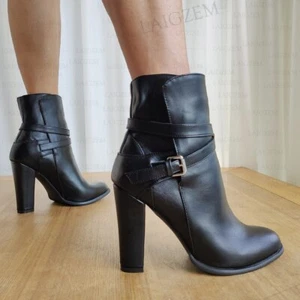 Women Ankle Boots Faux Leather Pull On Chunky High Heels Boots Ladies Shoes Woma - Picture 1 of 6