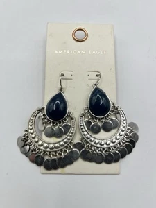 Silver-Toned Sequin Cascade Earrings With Faux Dark Blue Opal Vintage Style - Picture 1 of 2