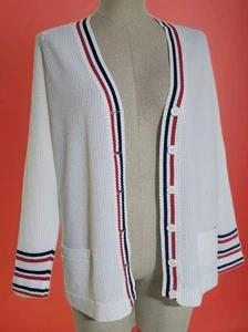Vintage 80s 90s Womens Etonic Cardigan Sweater 40 M L Preppy Golf Tennis Striped - Picture 1 of 7