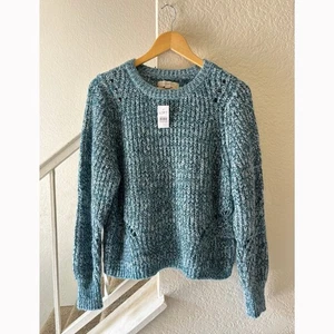 New LOFT Chunky Cable Knit Sweater Womens Small Wool Blend Blue White Relaxed - Picture 1 of 13