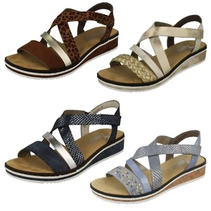 Femmes Rieker Stylé Talon Compensé Sandales V3663 - Picture 1 of 36