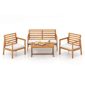 4 PCS Wood Patio Furniture Set w/ Soft Seat Cushions Solid Acacia Wood Frame - Picture 1 of 11